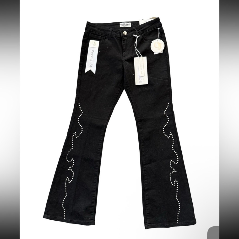 Gogo Jeans Premium Black Flare Bootcut Rhinestons girls Denim Jeans,  Sz 1/25